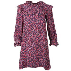 Sandro 100% Silk Floral Print Mini Dress Ruffle Detail Shift Dress 1 or XS